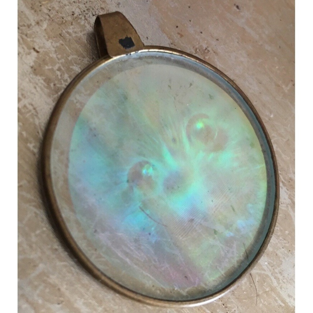 Vintage Iridescent Hologram Animal Face Pendant Reversible Glass Negative